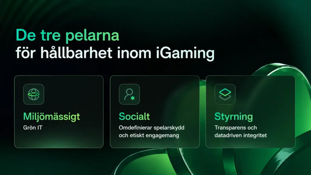Soft2Bet tre pelarna för hållbarhet inom iGaming miljö social styrning infographic